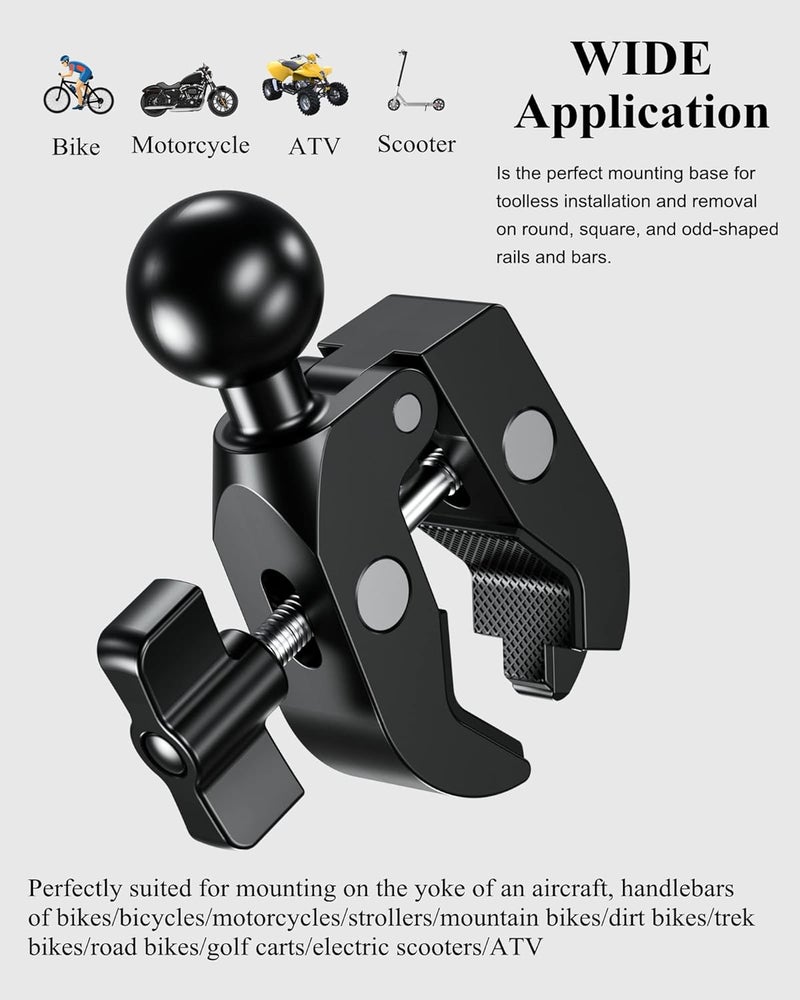 BRCOVAN 1'' Ball Clamp Mount Base with Aluminum Alloy Tough-Claw, Fit Handlebar Rail 0.5'' to 1.75'' in Diameter, Fit for RAM Mounts B Size 1 Inch Ball Double Socket Arm & Bike Motorcycle Phone Holder - Image 5